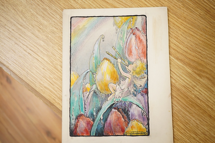 Flora White (Early 20th. C), Set of six original watercolours for childrens' postcard designs, Fairy Songs to include ‘Songs of falling leaves’ and ‘Song of early morning’, each inscribed in pencil, largest 27 x 19cm